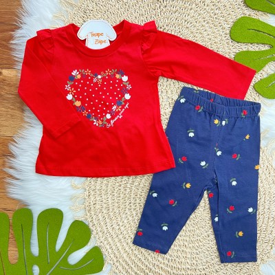 Conj. Blusa Manga Longa Só Floresce Amor Aqui e Calça Legging - Vermelho e Marinho